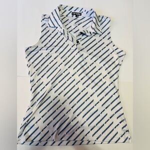 LIV Golf Staff 2025 women's sleeveless polo shirt in white and blue.

.